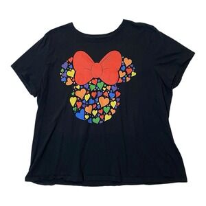 Disney Minnie Mouse Rainbow Heart Bow Tee Womens 3XL Black Whimsical Kidcore Fun